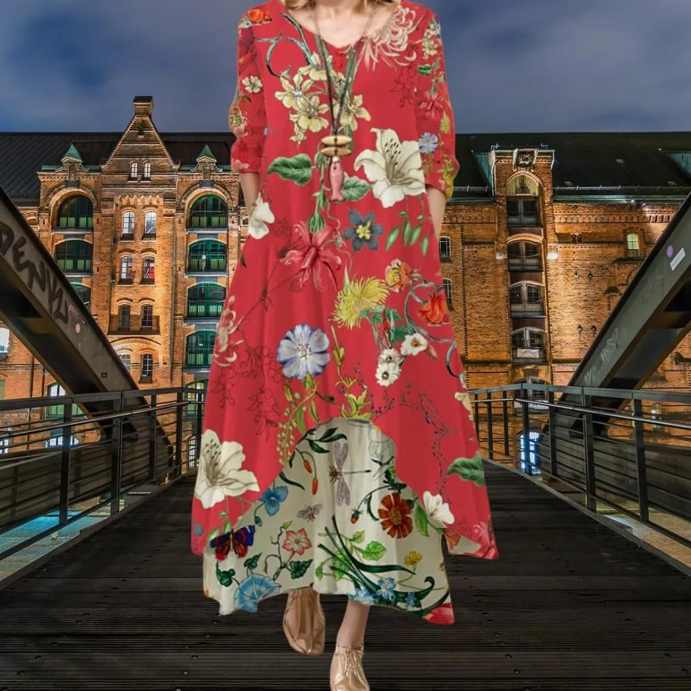 Women's Spring Linen Boho Floral Fake 2 Piece Irregular Hem Maxi Dress Summer Crewneck 3/4 Sleeve Dresses with Pocket