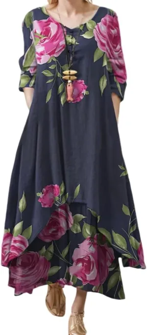 Women's Spring Linen Boho Floral Fake 2 Piece Irregular Hem Maxi Dress Summer Crewneck 3/4 Sleeve Dresses with Pocket