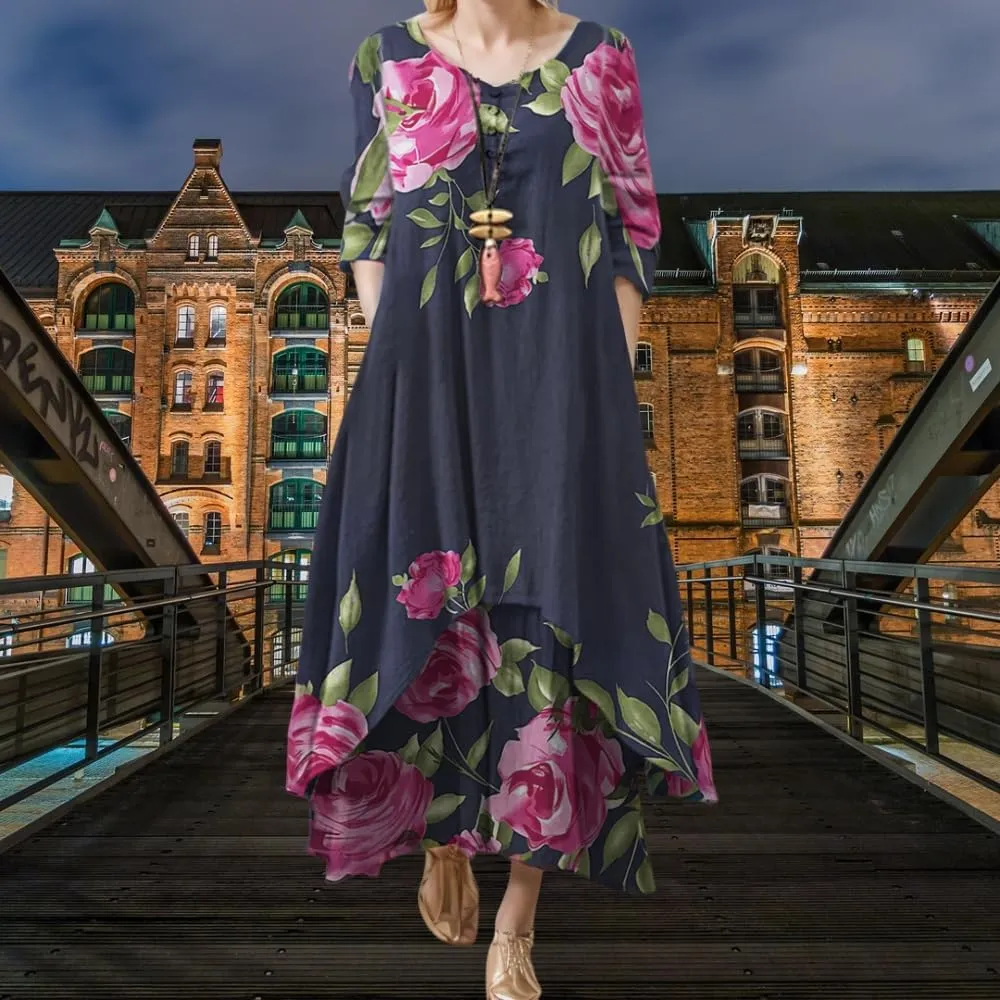 Women's Spring Linen Boho Floral Fake 2 Piece Irregular Hem Maxi Dress Summer Crewneck 3/4 Sleeve Dresses with Pocket