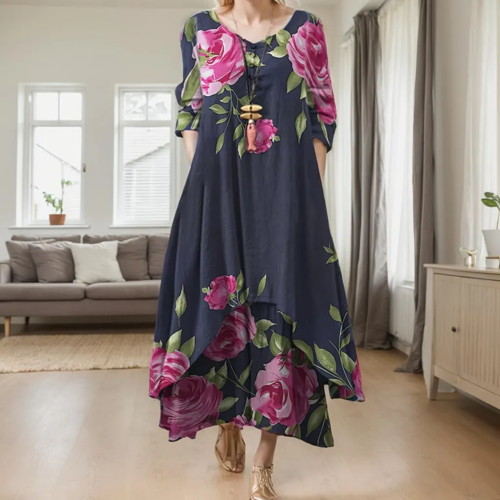Women's Spring Linen Boho Floral Fake 2 Piece Irregular Hem Maxi Dress Summer Crewneck 3/4 Sleeve Dresses with Pocket