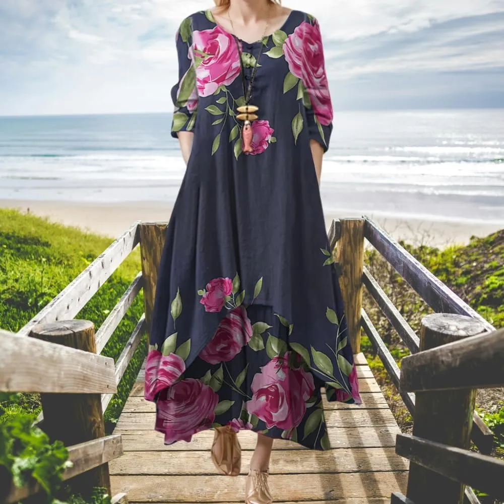 Women's Spring Linen Boho Floral Fake 2 Piece Irregular Hem Maxi Dress Summer Crewneck 3/4 Sleeve Dresses with Pocket