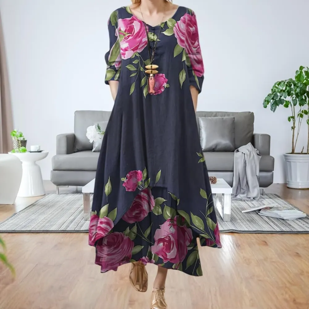Women's Spring Linen Boho Floral Fake 2 Piece Irregular Hem Maxi Dress Summer Crewneck 3/4 Sleeve Dresses with Pocket
