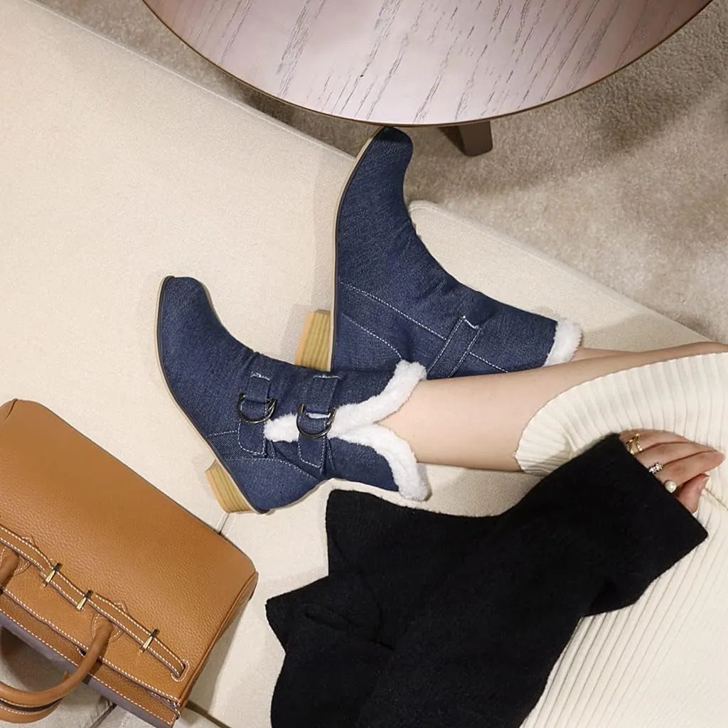Women's Square Toe Denim Ankle Boots Embroidered Flower Zipper Block Low Heel Dressy Short Booties