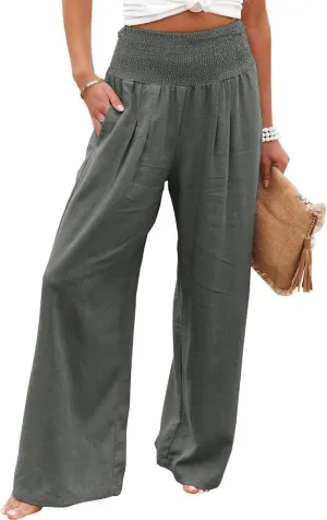 Womens Summer Cotton Linen Pants Wide Leg Pants Stretch High Waist Pant Solid Color Casual Trousers with Pockets