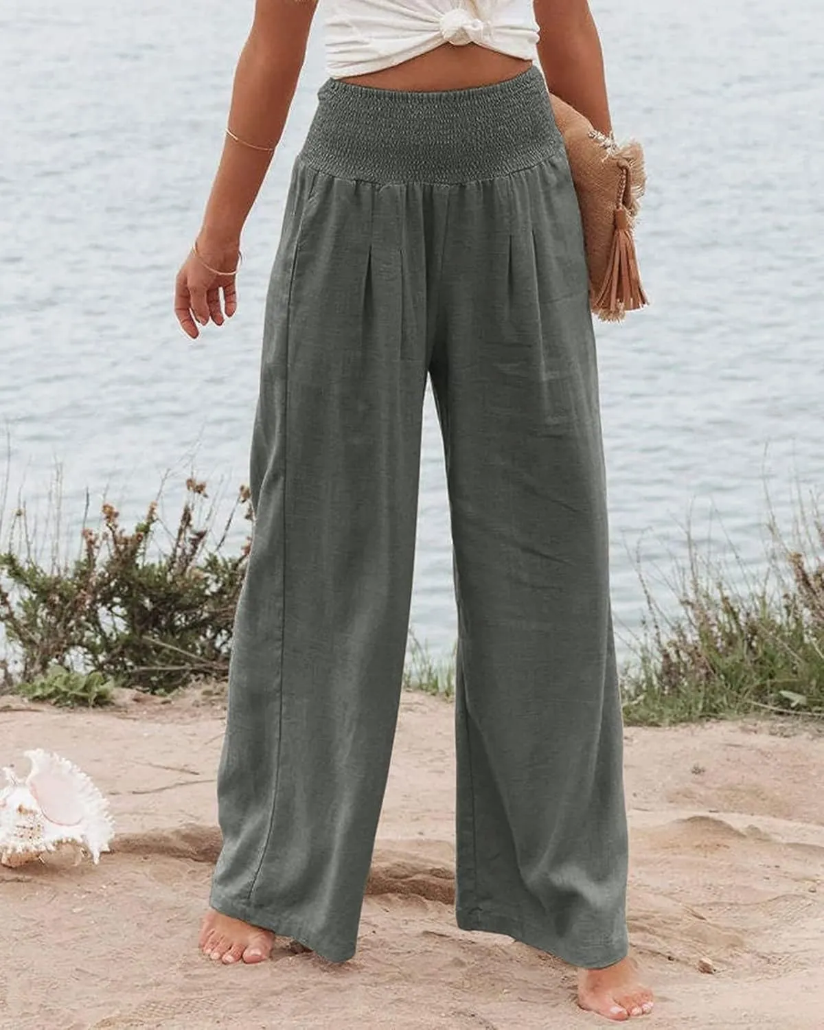 Womens Summer Cotton Linen Pants Wide Leg Pants Stretch High Waist Pant Solid Color Casual Trousers with Pockets