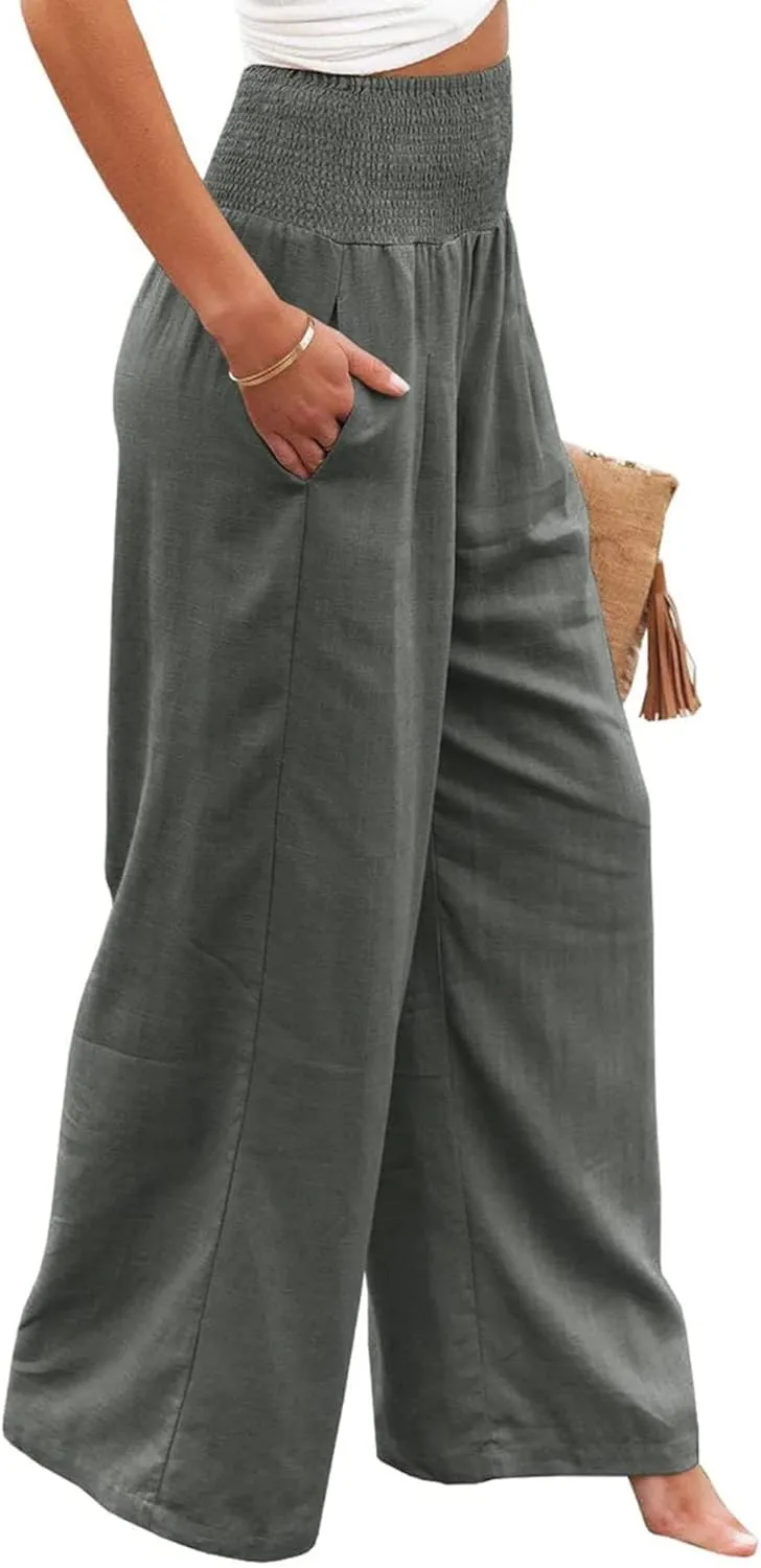 Womens Summer Cotton Linen Pants Wide Leg Pants Stretch High Waist Pant Solid Color Casual Trousers with Pockets