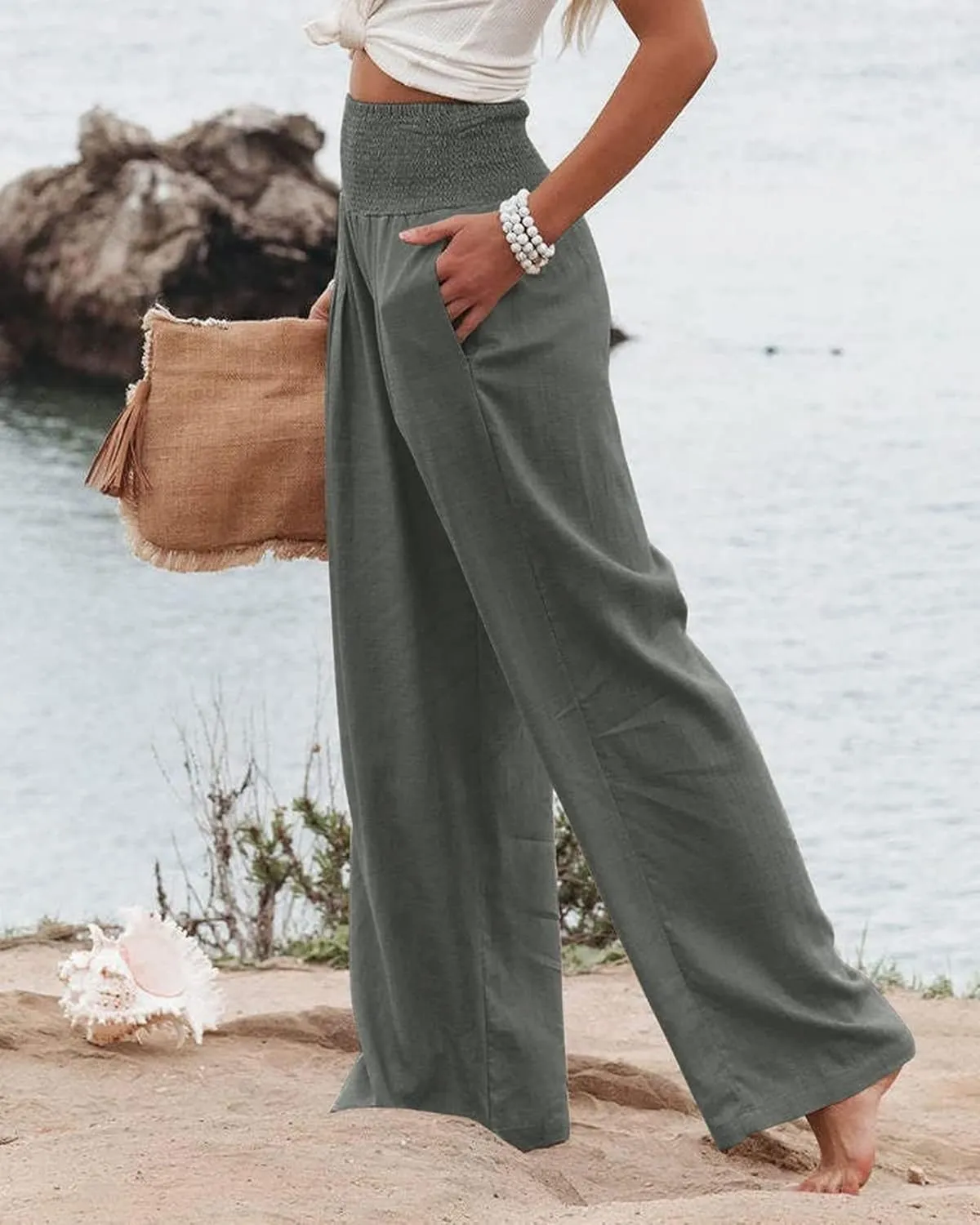Womens Summer Cotton Linen Pants Wide Leg Pants Stretch High Waist Pant Solid Color Casual Trousers with Pockets