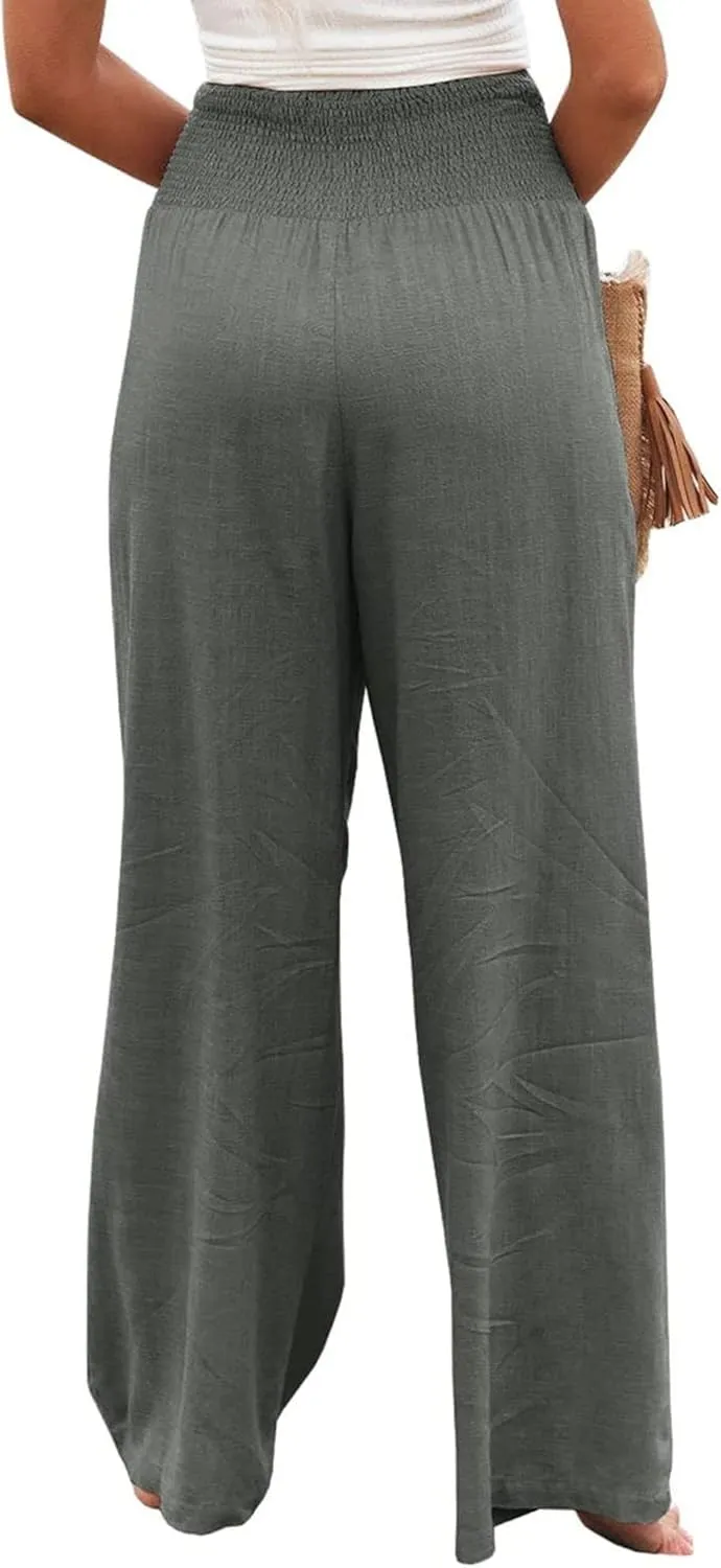 Womens Summer Cotton Linen Pants Wide Leg Pants Stretch High Waist Pant Solid Color Casual Trousers with Pockets