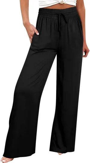 Womens Summer Pants Wide Leg Pants Drawstring High Waist Fashion Beach Pant Solid Color Casual Trousers with Pockets