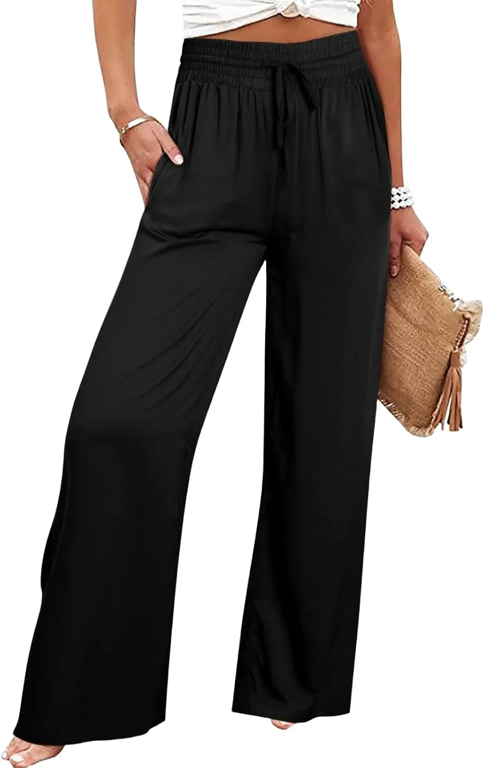 Womens Summer Pants Wide Leg Pants Drawstring High Waist Fashion Beach Pant Solid Color Casual Trousers with Pockets