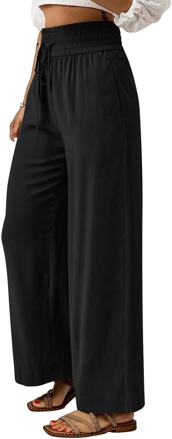 Womens Summer Pants Wide Leg Pants Drawstring High Waist Fashion Beach Pant Solid Color Casual Trousers with Pockets