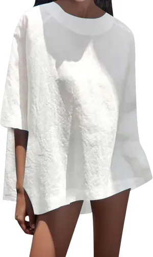 Women's T-Shirts 2025 Summer Retro Embroidered 3/4 Sleeve Boho Tops Dressy Casual Blouses Teacher Loose Tunics