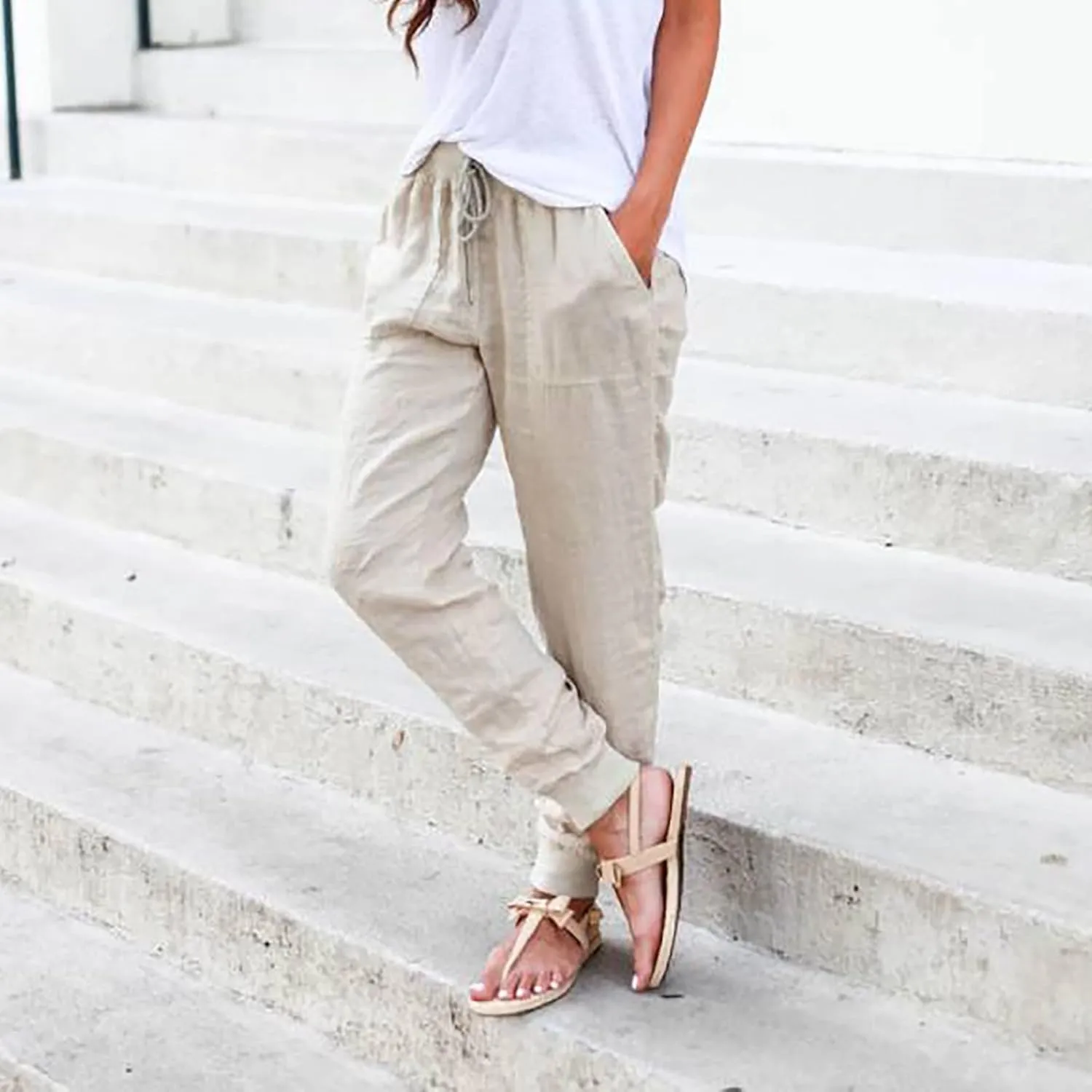 Womens Tapered Pants Cotton Linen Drawstring Elastic Waist Pants Casual Trousers with Pockets Joggers Travel Slacks