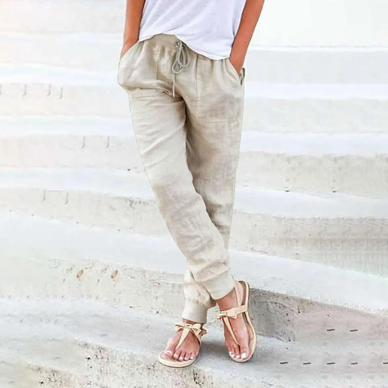 Womens Tapered Pants Cotton Linen Drawstring Elastic Waist Pants Casual Trousers with Pockets Joggers Travel Slacks