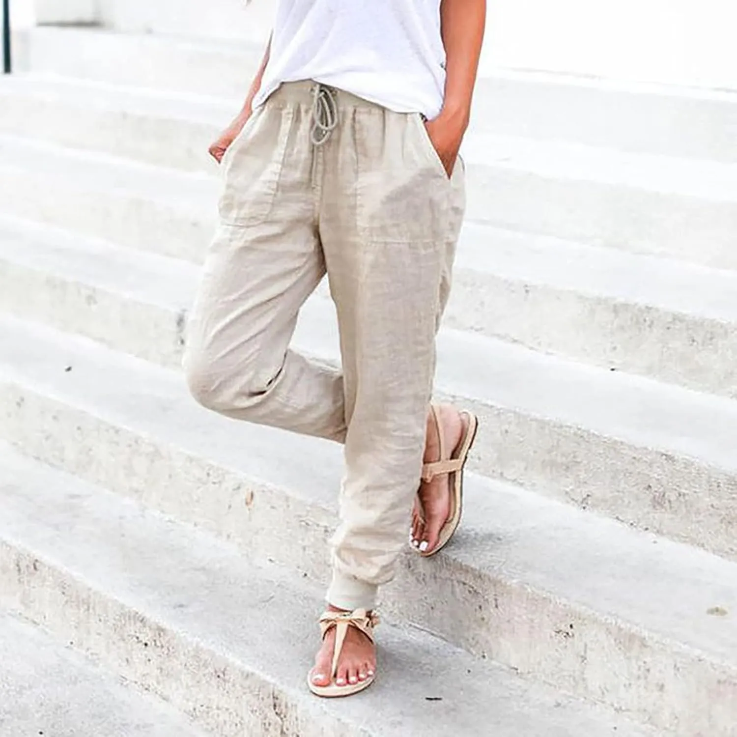 Womens Tapered Pants Cotton Linen Drawstring Elastic Waist Pants Casual Trousers with Pockets Joggers Travel Slacks