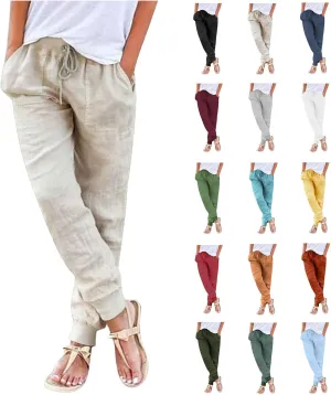 Womens Tapered Pants Cotton Linen Drawstring Elastic Waist Pants Casual Trousers with Pockets Joggers Travel Slacks