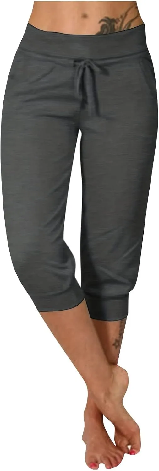 Womens Tapered Sweatpants Solid Color Elastic Waist Drawstring Capri Pants Running Yoga Trousers with Pockets