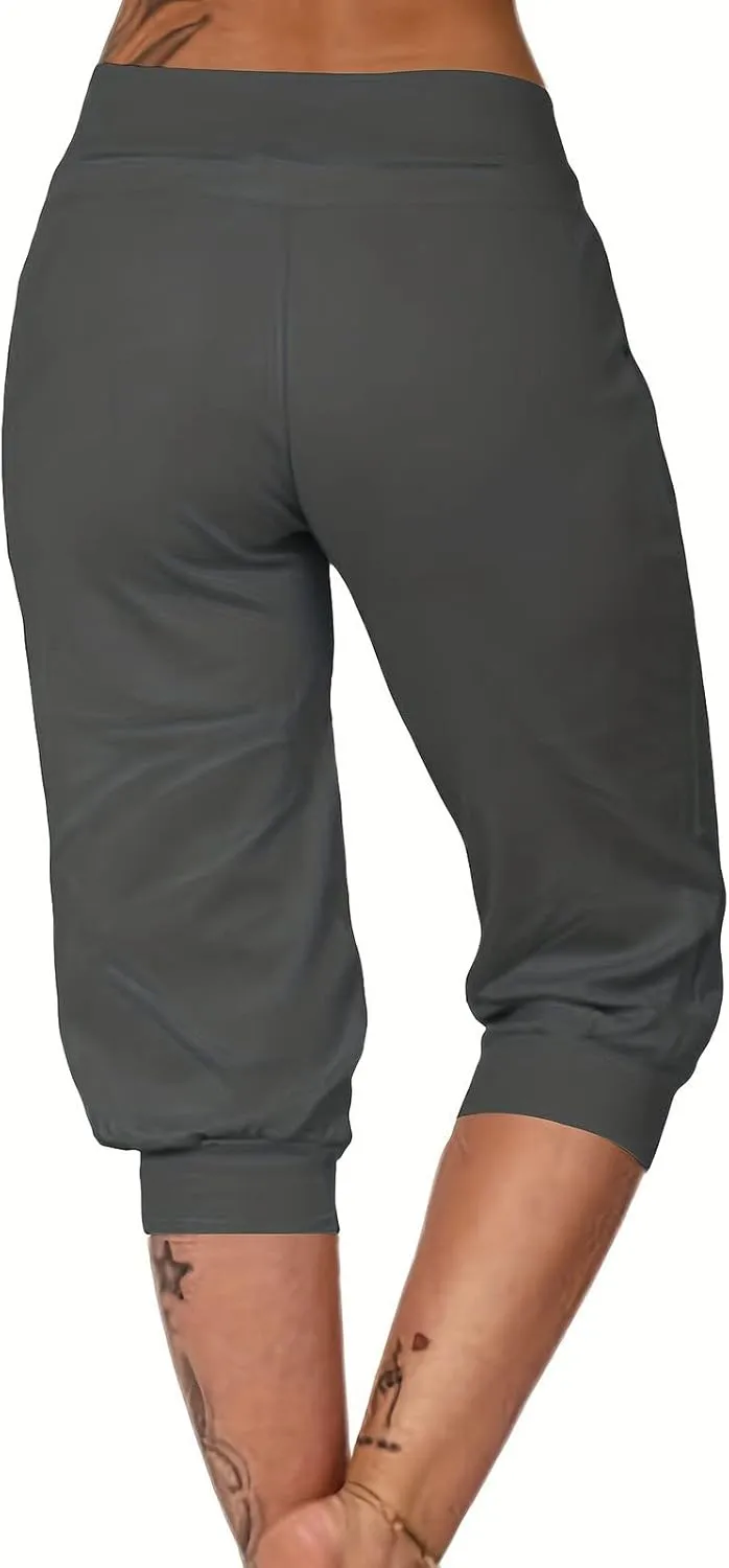 Womens Tapered Sweatpants Solid Color Elastic Waist Drawstring Capri Pants Running Yoga Trousers with Pockets