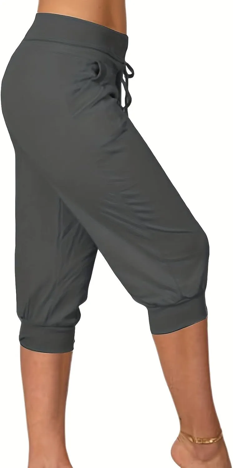 Womens Tapered Sweatpants Solid Color Elastic Waist Drawstring Capri Pants Running Yoga Trousers with Pockets
