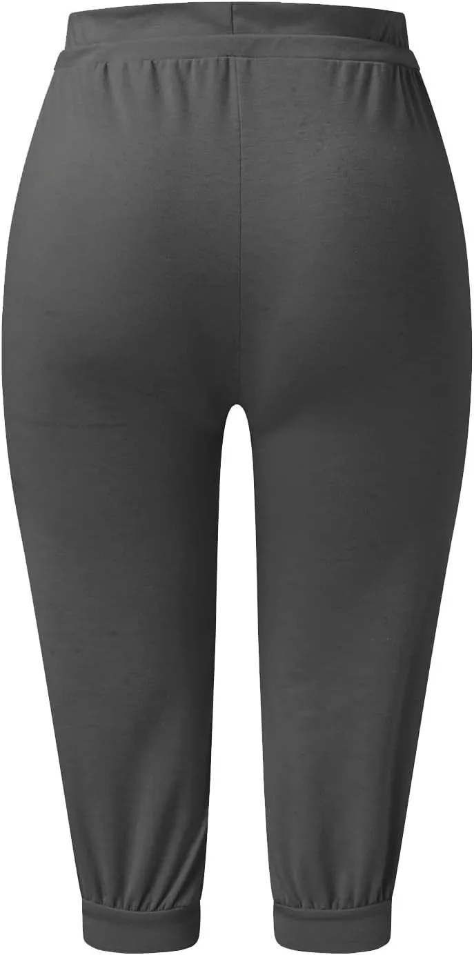 Womens Tapered Sweatpants Solid Color Elastic Waist Drawstring Capri Pants Running Yoga Trousers with Pockets