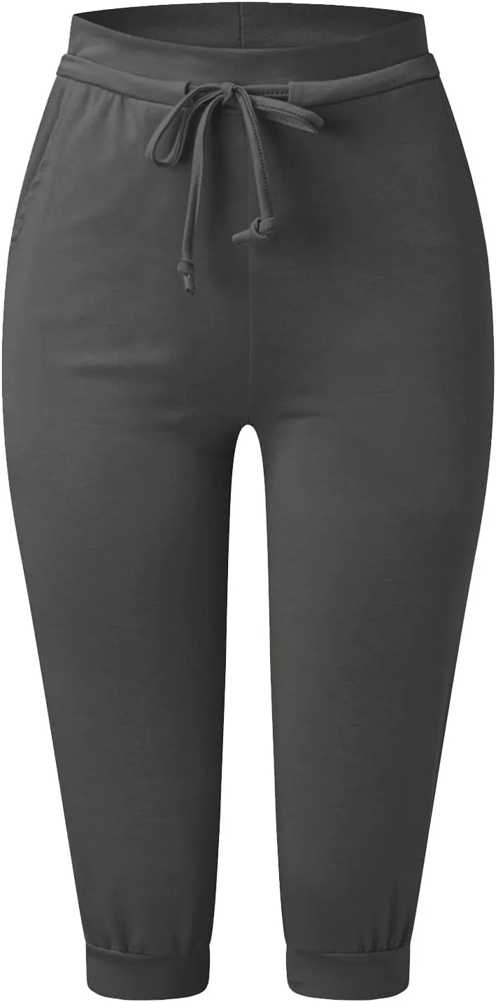 Womens Tapered Sweatpants Solid Color Elastic Waist Drawstring Capri Pants Running Yoga Trousers with Pockets