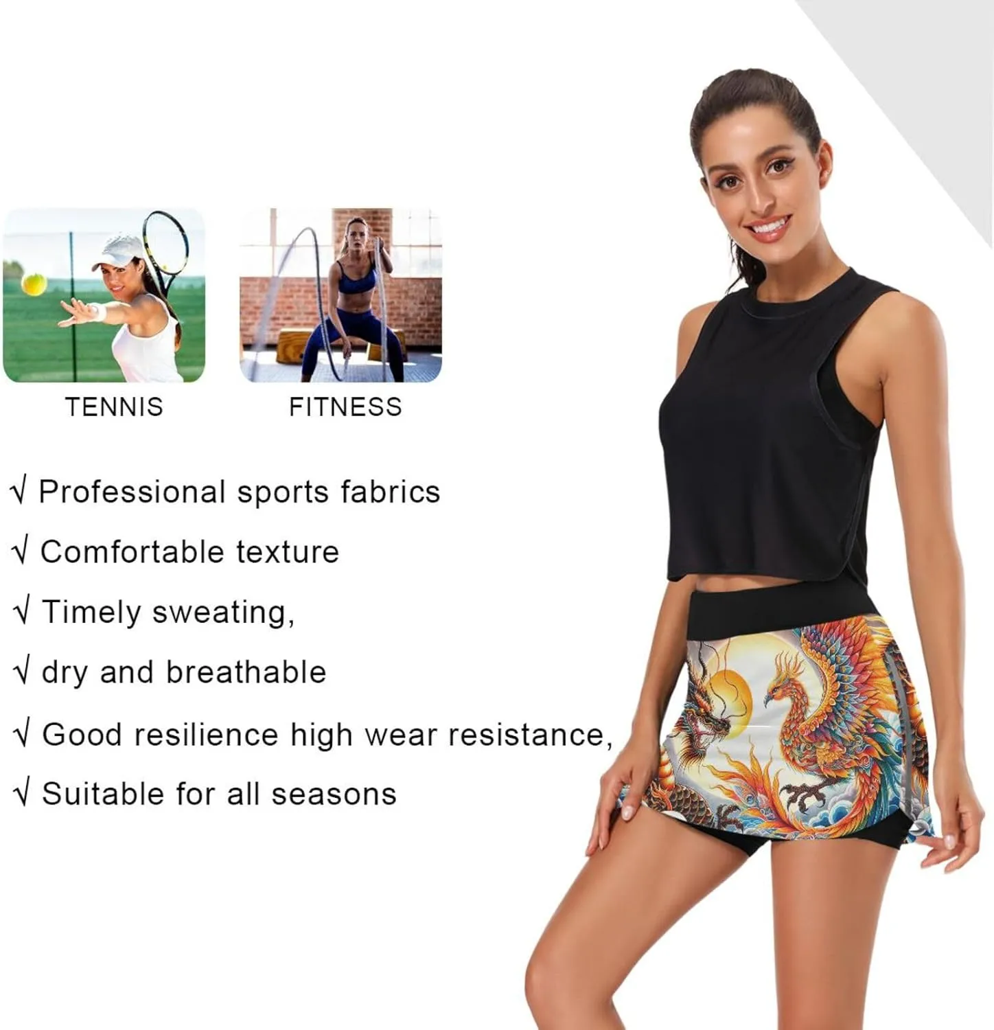 Womens Tennis Skirt High Waisted Workout Casual Golf Skort Dragon and Phoenix Athletic Skirts with Pocket