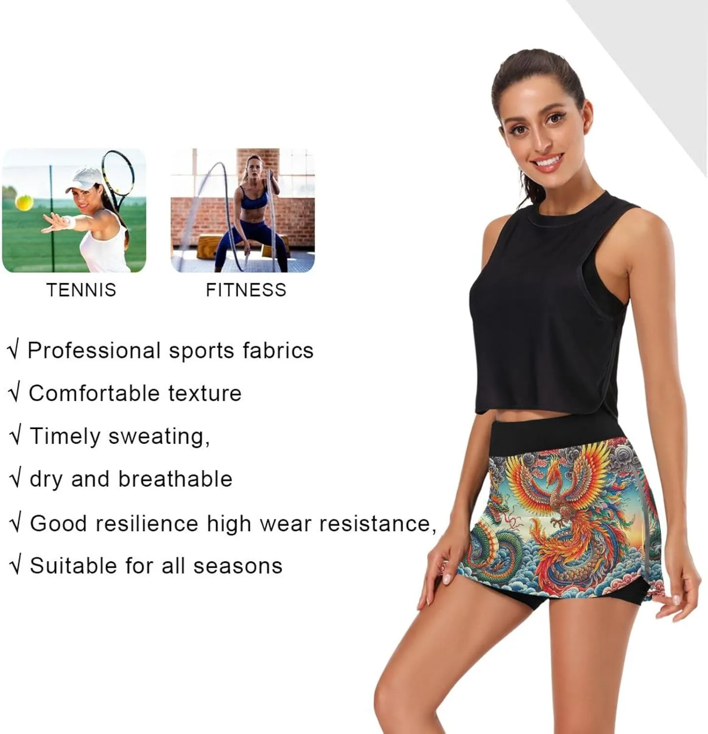 Womens Tennis Skirt High Waisted Workout Casual Golf Skort Dragon and Phoenix Athletic Skirts with Pocket
