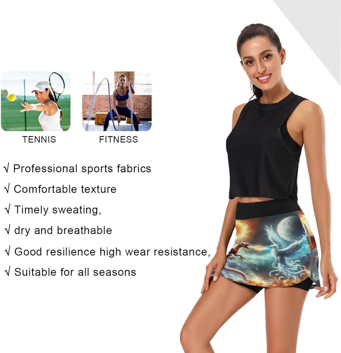 Womens Tennis Skirt High Waisted Workout Casual Golf Skort Dragon Phoenix Universe Athletic Skirts with Pocket