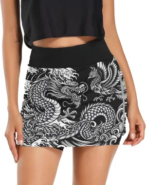 Womens Tennis Skirt High Waisted Workout Casual Golf Skort Japanese Dragon Phoenix Athletic Skirts with Pocket