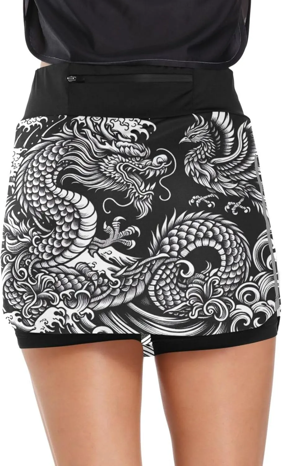 Womens Tennis Skirt High Waisted Workout Casual Golf Skort Japanese Dragon Phoenix Athletic Skirts with Pocket