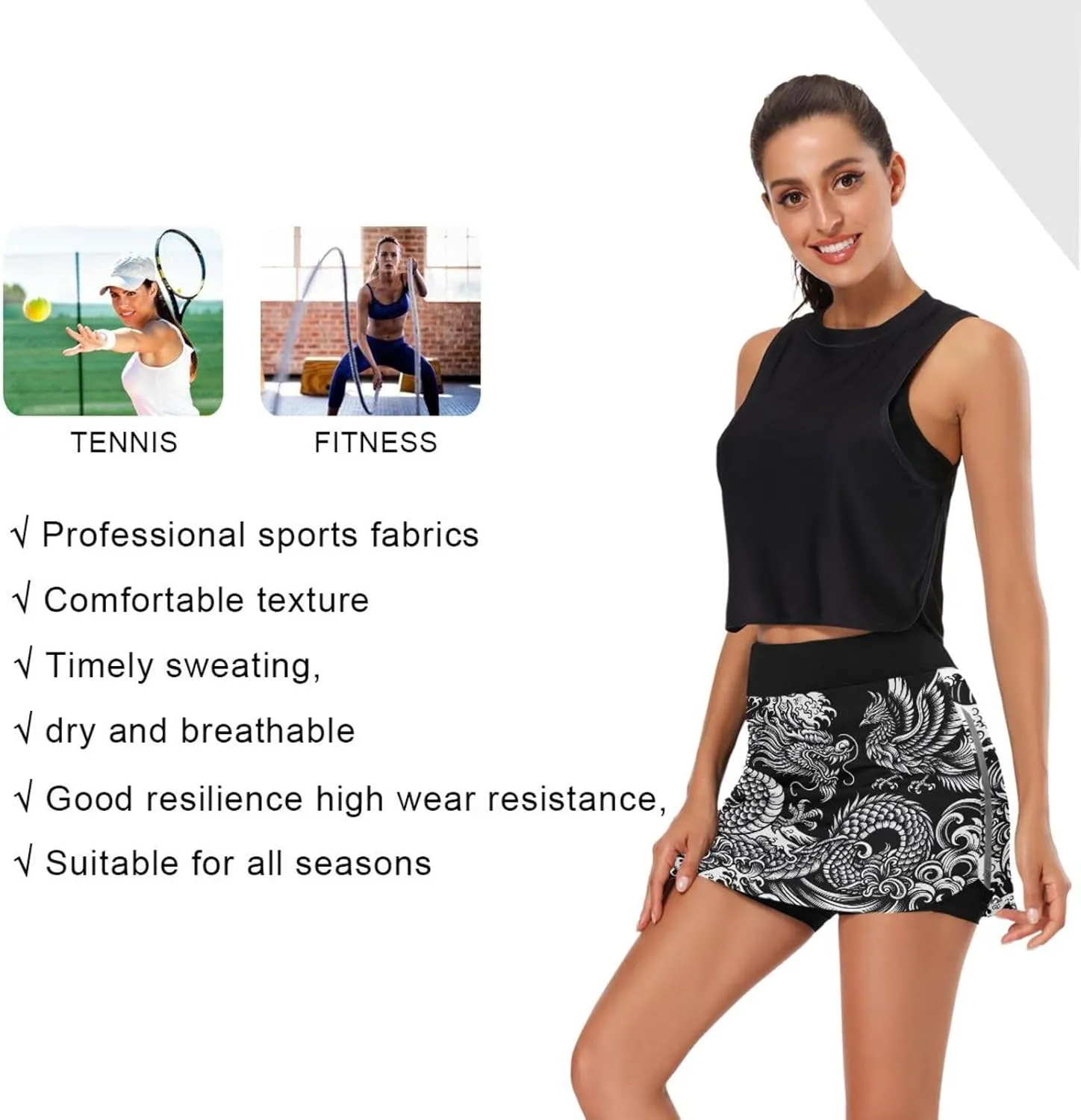 Womens Tennis Skirt High Waisted Workout Casual Golf Skort Japanese Dragon Phoenix Athletic Skirts with Pocket
