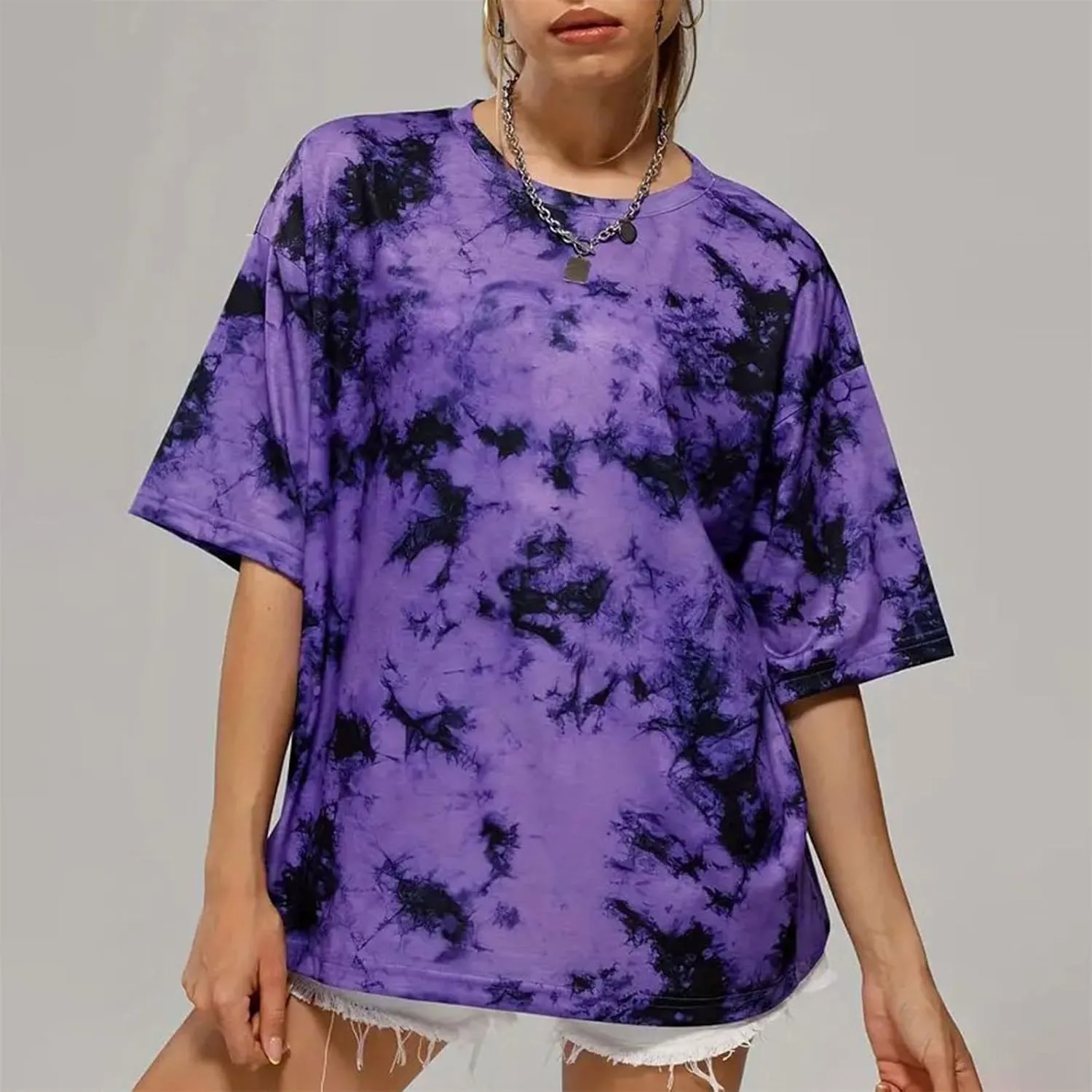 Women's Tie-Dye Fashion Y2K Oversized Tees Casual Short Sleeve Crew Neck Shirts Boyfriend Drop Shoulder Loose Fit Summer Tops