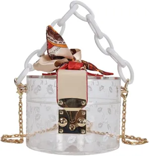 Women's Transparent Acrylic Purses Silk Ribbon Handle Handbag Shoulder Chain Bag Party Bag Evening Clutch Bag (white)