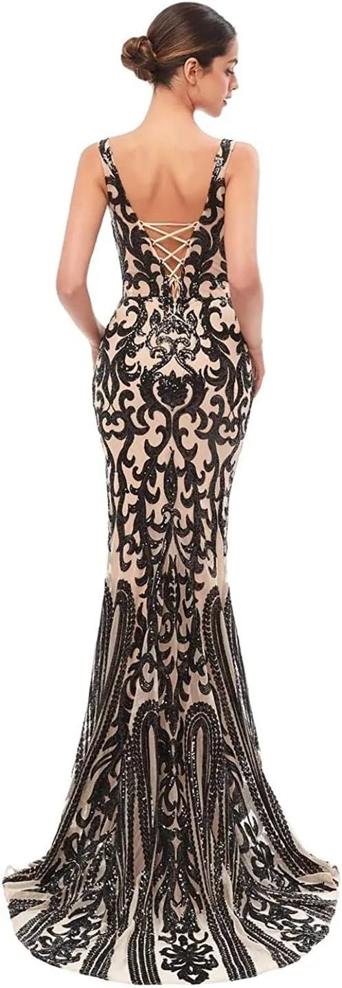 Women's V-Neck Sequins Mermaid Prom Evening Party Dress Sleeveless Lace-up Celebrity Pageant Gown