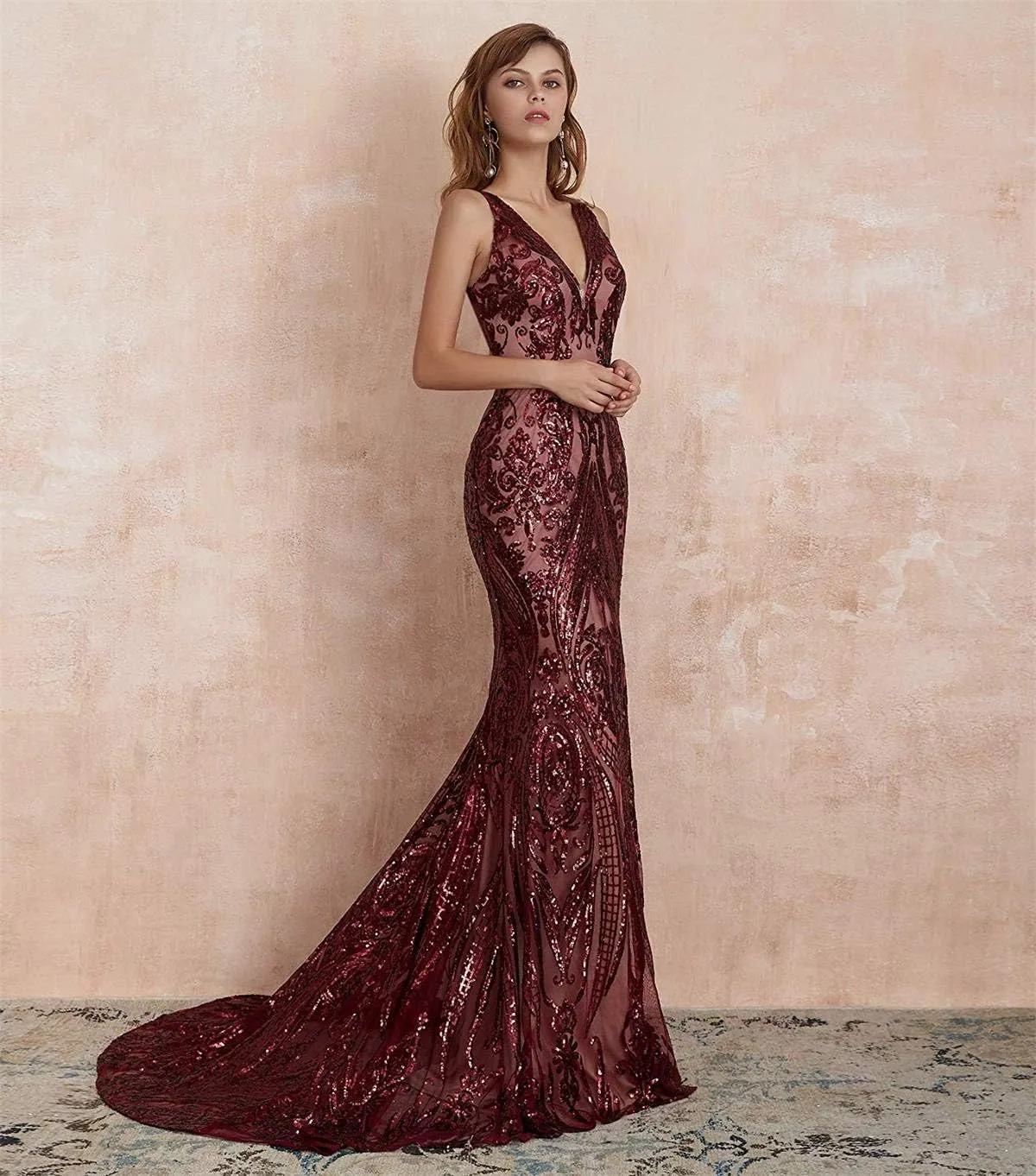 Women's V-Neck Sequins Mermaid Prom Evening Party Dress Sleeveless Lace-up Celebrity Pageant Gown
