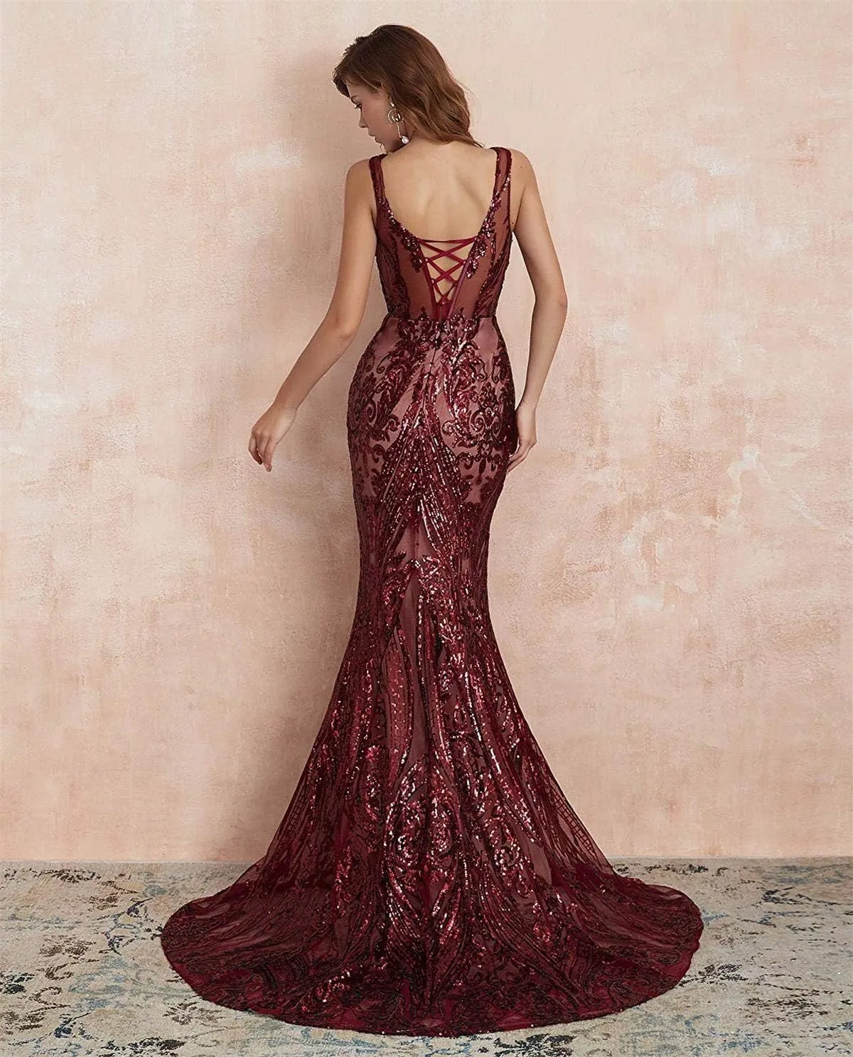 Women's V-Neck Sequins Mermaid Prom Evening Party Dress Sleeveless Lace-up Celebrity Pageant Gown