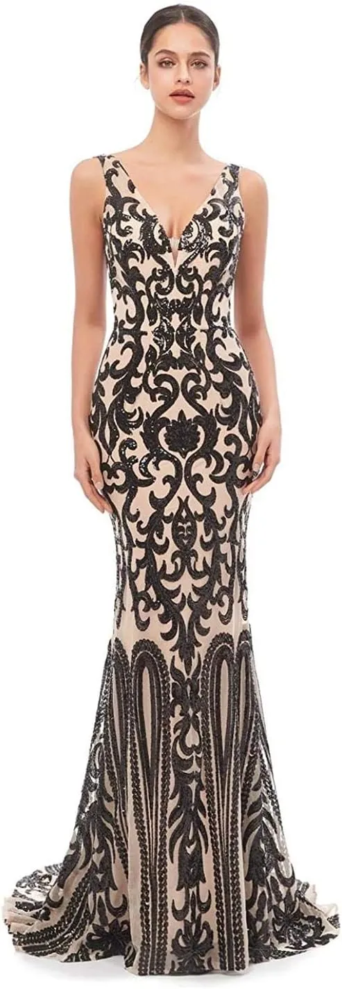 Women's V-Neck Sequins Mermaid Prom Evening Party Dress Sleeveless Lace-up Celebrity Pageant Gown