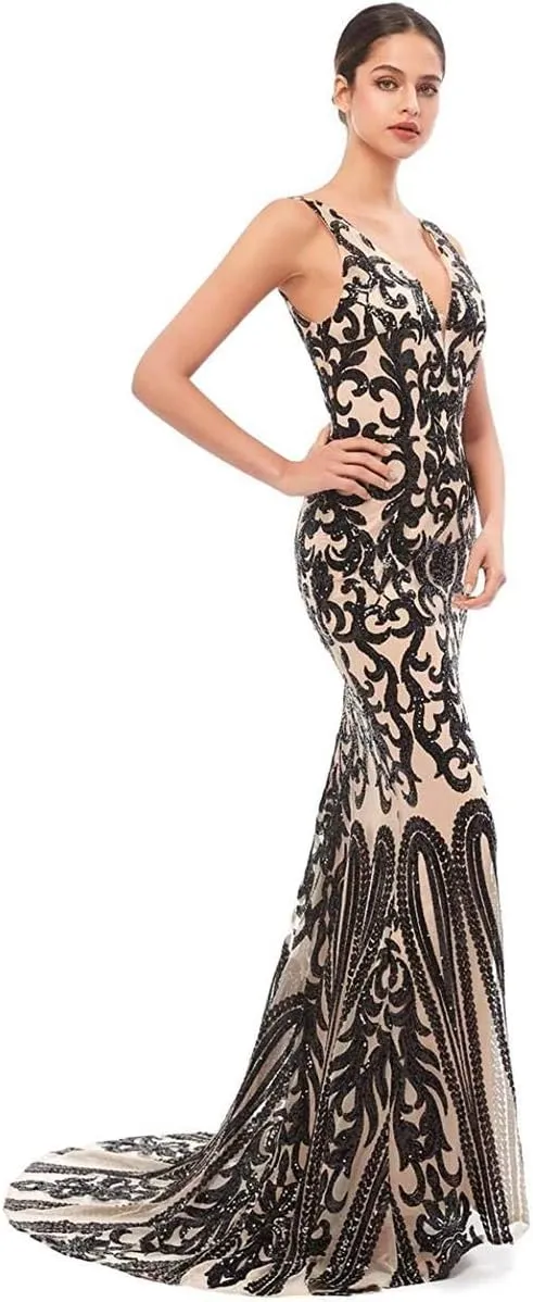 Women's V-Neck Sequins Mermaid Prom Evening Party Dress Sleeveless Lace-up Celebrity Pageant Gown