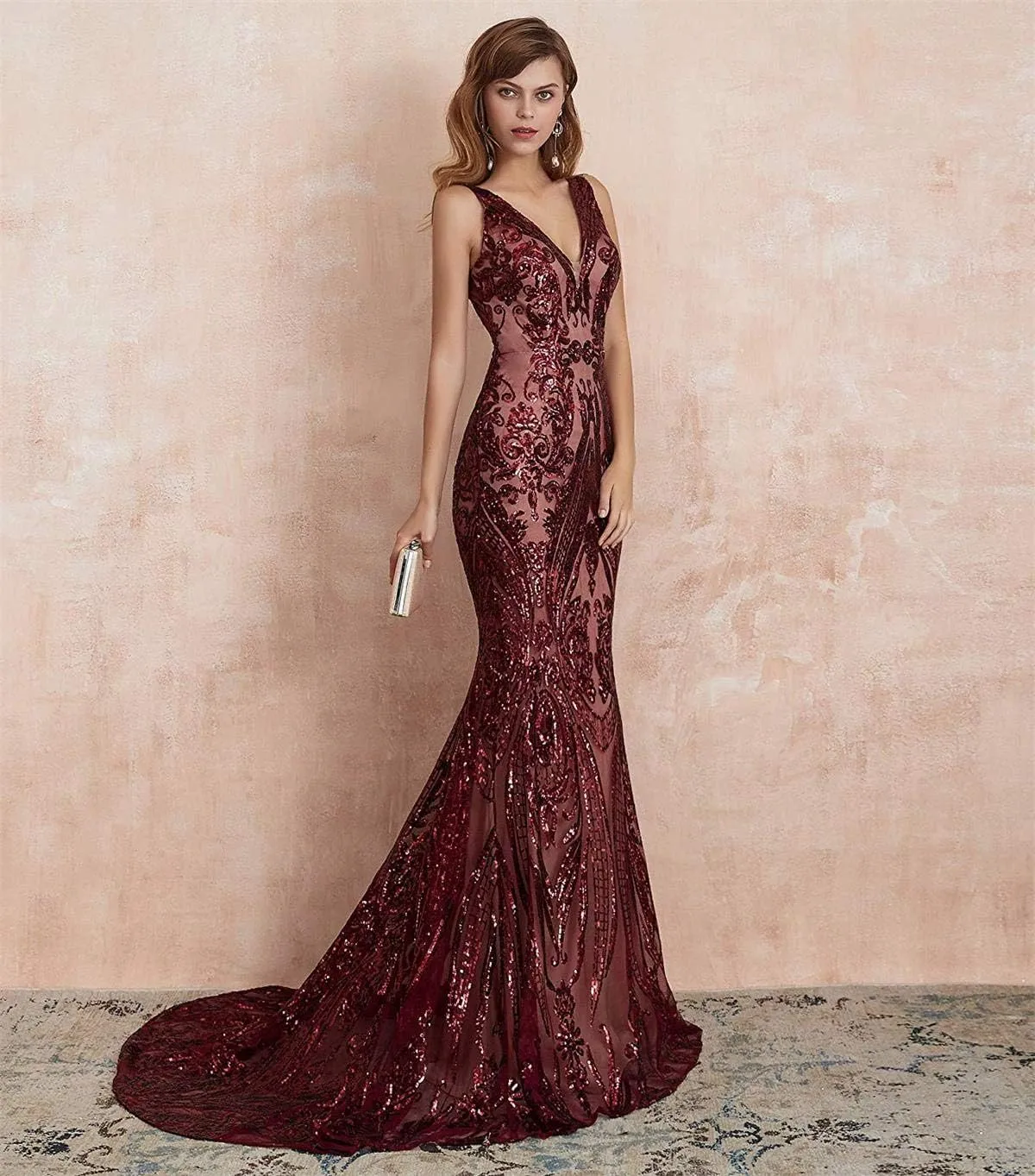 Women's V-Neck Sequins Mermaid Prom Evening Party Dress Sleeveless Lace-up Celebrity Pageant Gown