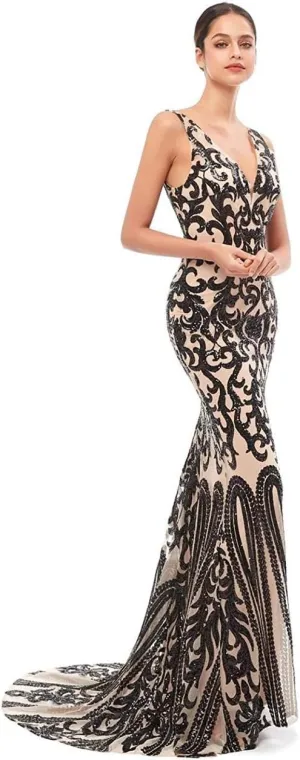 Women's V-Neck Sequins Mermaid Prom Evening Party Dress Sleeveless Lace-up Celebrity Pageant Gown