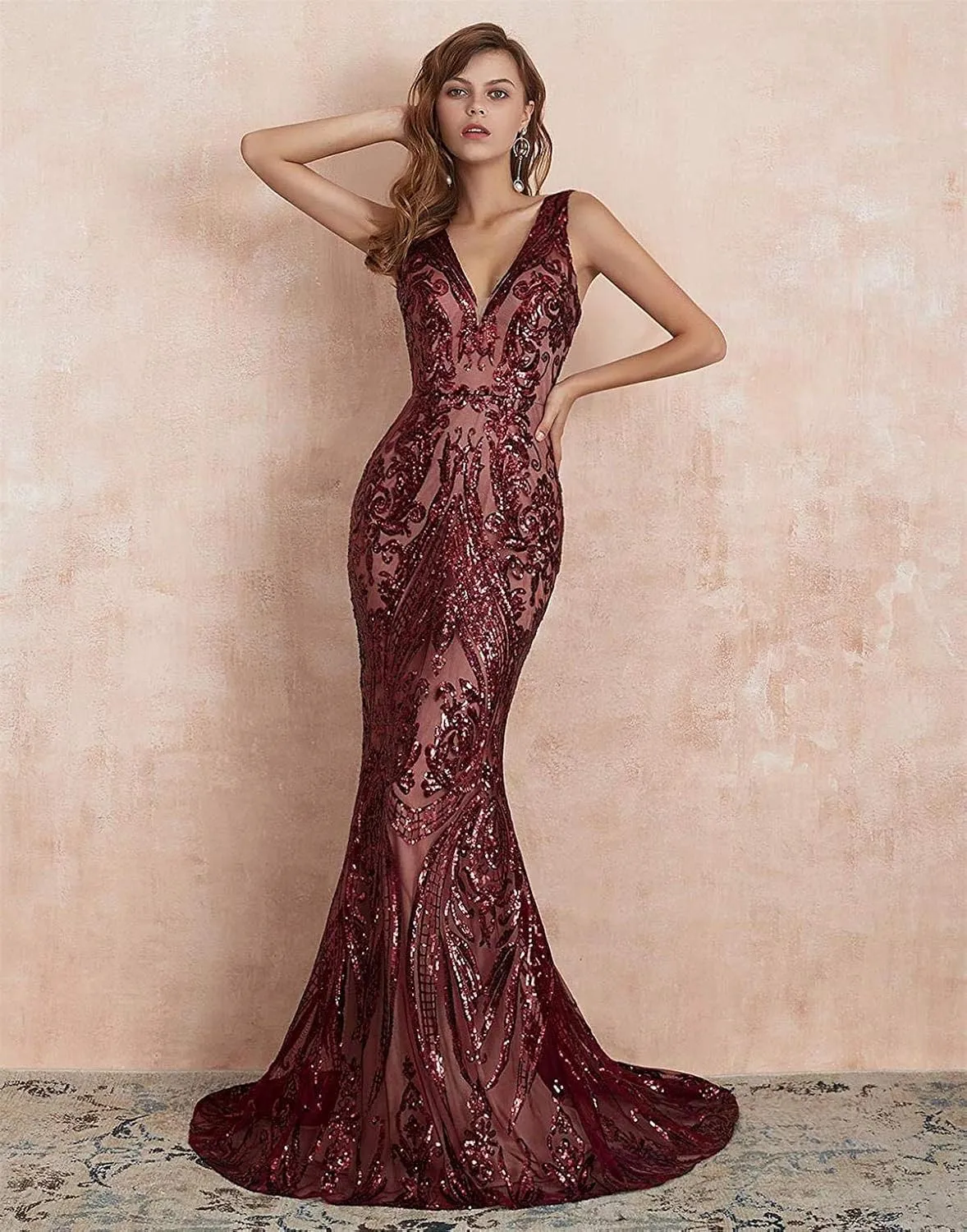 Women's V-Neck Sequins Mermaid Prom Evening Party Dress Sleeveless Lace-up Celebrity Pageant Gown