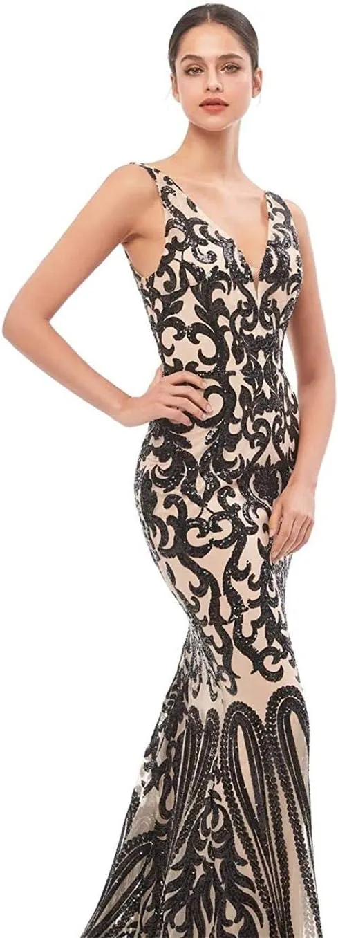 Women's V-Neck Sequins Mermaid Prom Evening Party Dress Sleeveless Lace-up Celebrity Pageant Gown