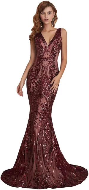 Women's V-Neck Sequins Mermaid Prom Evening Party Dress Sleeveless Lace-up Celebrity Pageant Gown