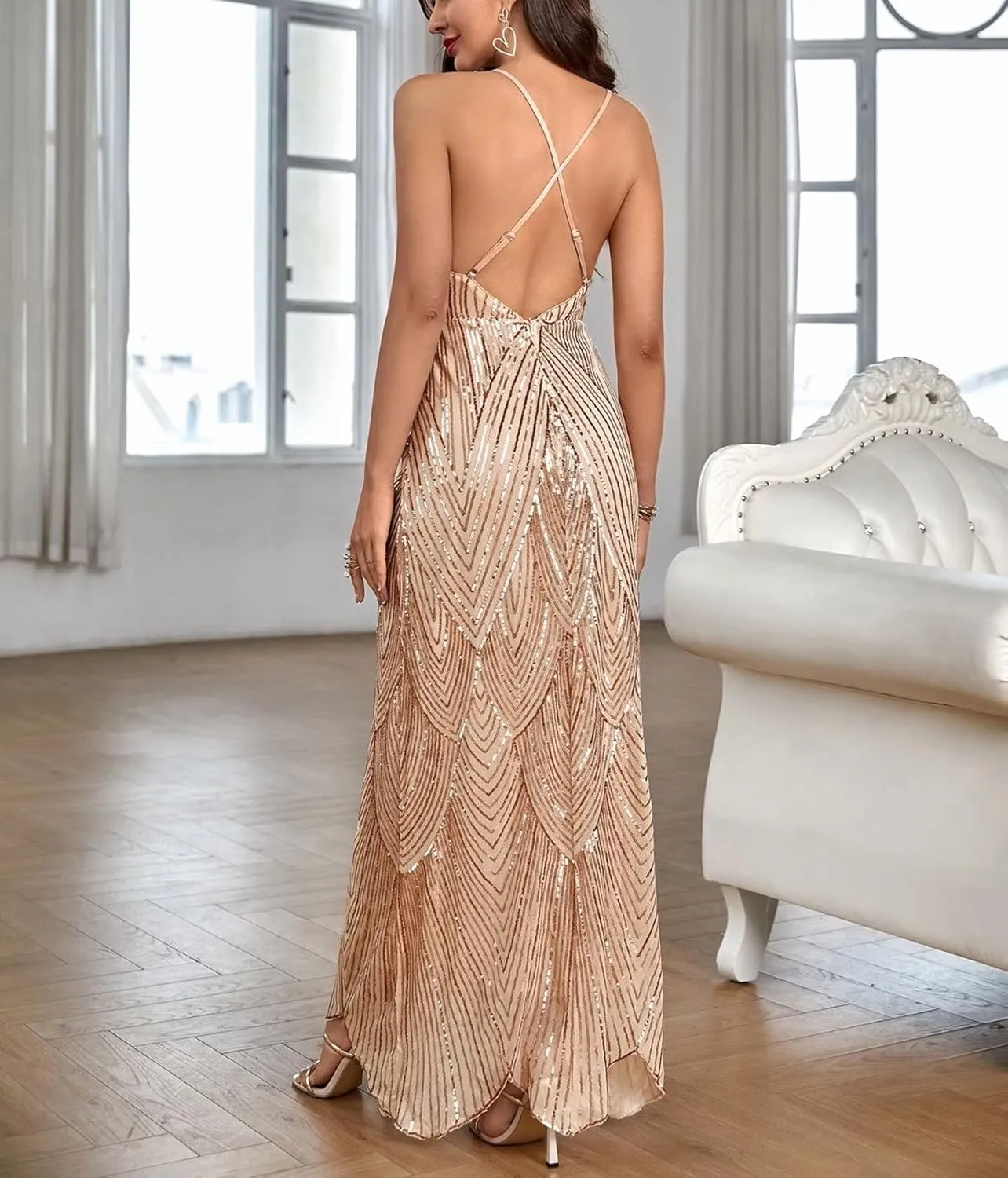 Women's V Neck Spaghetti Straps Sequin Sparkly Glitter Irregular Hem Prom Dress Bcakless Maxi Evening Gowns