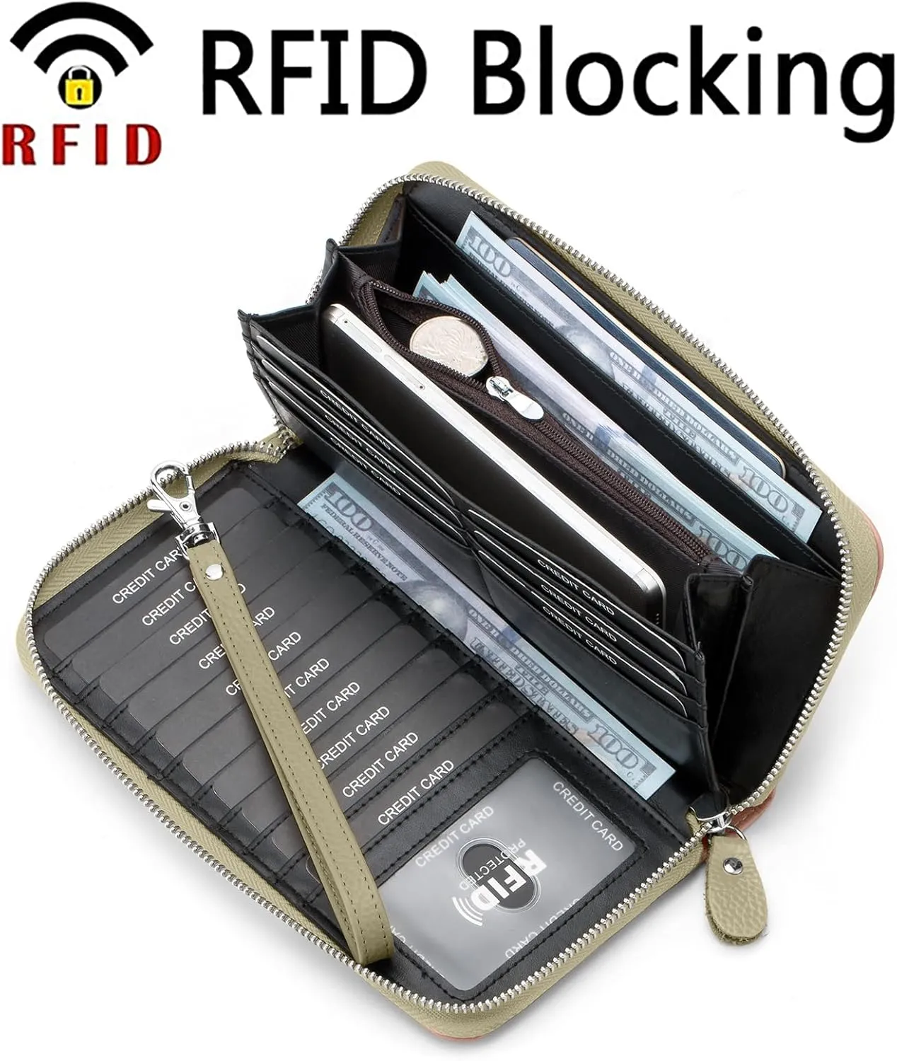 Womens Wallet RFID Blocking Genuine Leather Multi Credit Card Large Capacity Zip Around Clutch Travel Purse Wristlet
