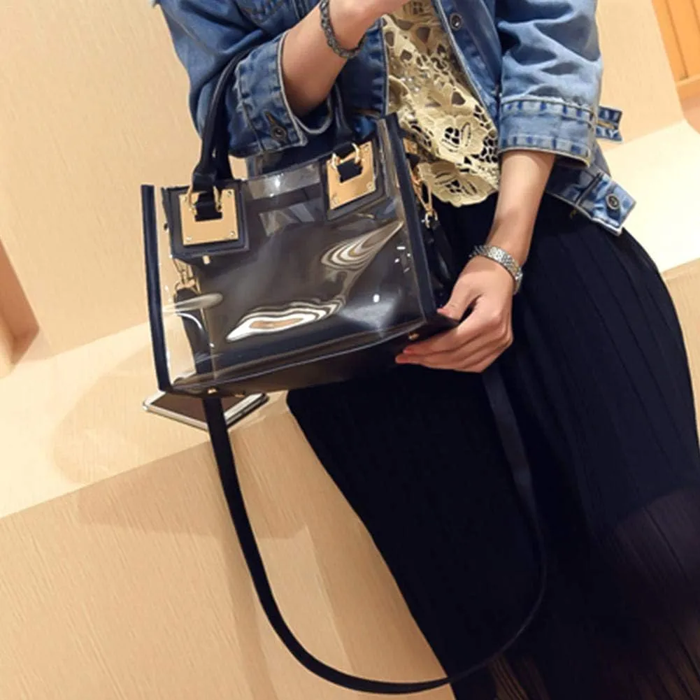 Women's Waterproof Transparent Shoulder Jelly Bag Handbag 2pcs A Set Clear Purse Bags (White)
