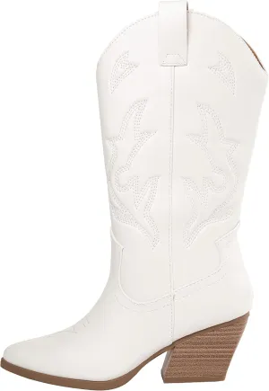 Women’s Western Cowboy Boots – Mid-Calf Pointed Toe Embroidered Cowgirl Boot with Chunky Heel – Classic Rodeo Style Julia