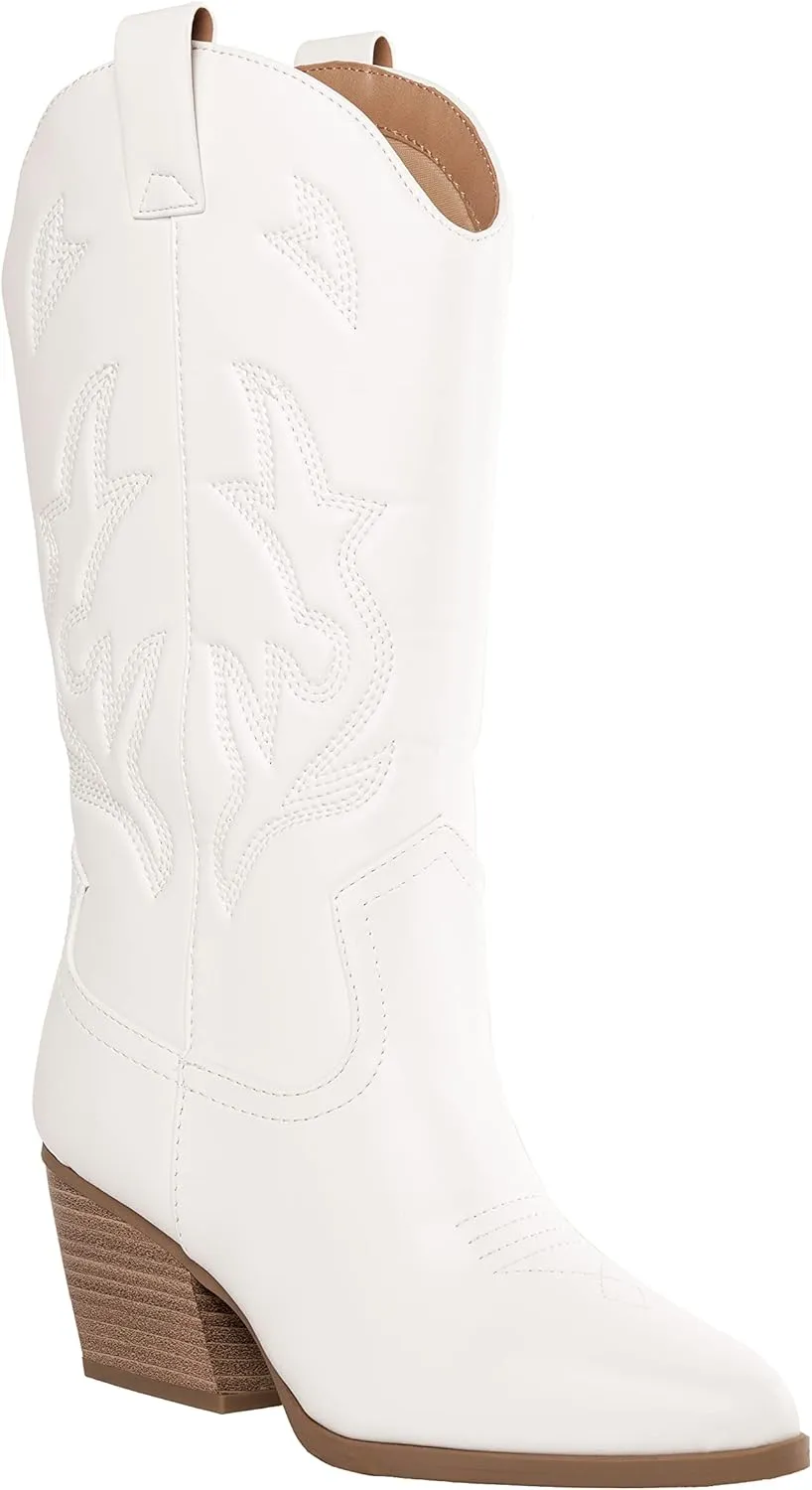 Women’s Western Cowboy Boots – Mid-Calf Pointed Toe Embroidered Cowgirl Boot with Chunky Heel – Classic Rodeo Style Julia