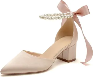 Women's White Wedding Shoes Block Heel Pearls Pointed Toe Chunky Bridal Pumps Prom Evening Shoes Sandals