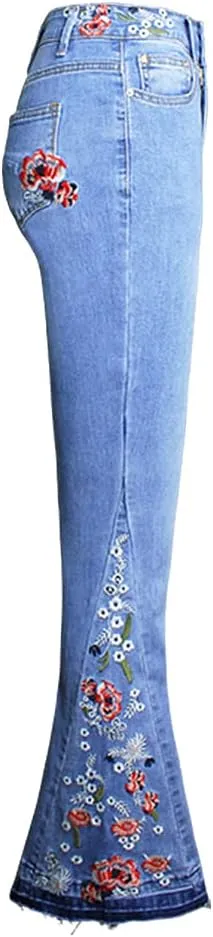 Women's Wide-Leg Denim Pants with a Stylish Floral Embroidered Bell Bottom Flare Jeans